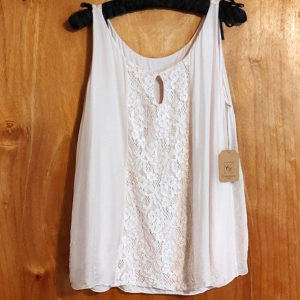 NWT Cobblestone Living Fiona Italian Silk/Jersey Layered Tank Blush Pink Lace L